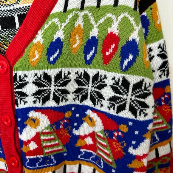 Ugly Christmas Cardigan Sweater Santa Snowman Bells Lights Gifts Womens XL - Picture 6 of 8